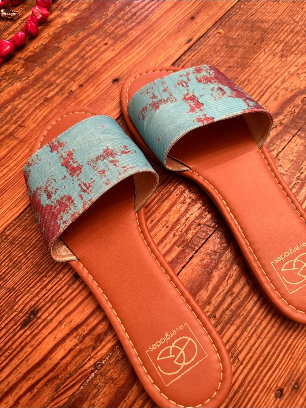 Leather Slide Sandals with Teal and Rust Accent - Women size 6. Fits 7 as well